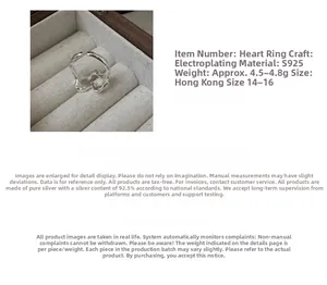 Detailed specs of S925 sterling silver heart ring weighing 4.5g in size 14-16