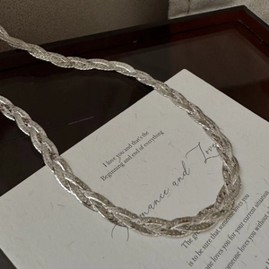 Three-layer braided S925 sterling silver flat twist chain necklace with metallic luster