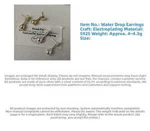 Detail of S925 sterling silver water-drop earrings in gold and silver plating finishes