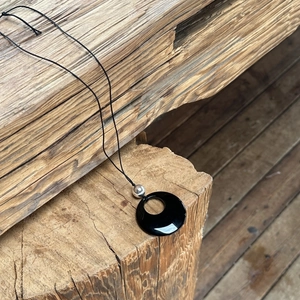 Minimalist S925 sterling silver sweater necklace with black obsidian circle pendant