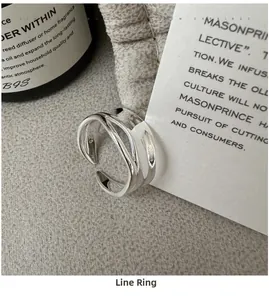 Detailed close-up of S925 sterling silver ring featuring a layered minimalist line design