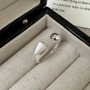 925 Sterling Silver Open Ring Women Mother Of Artificial Pearl Teardrop Adjustable Chic Geometric Shell Inlaid Finger Jewelry Ring