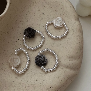 Vintage 925 Sterling Silver Beaded Ring Elegant Rose Flower Korean Style Adjustable Open Finger Ring Women Jewelry Gift