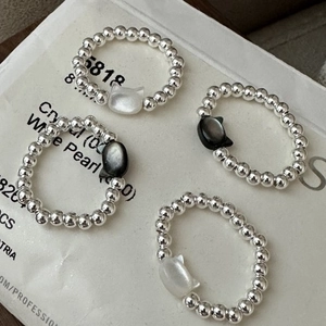 925 Sterling Silver Beaded Ring With Mother Of Artificial Pearl Cat Head Charm Elastic Minimalist Korean Style Jewelry For Women