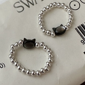 S925 Sterling Silver cat shell beaded elastic ring with iridescent cat head charms