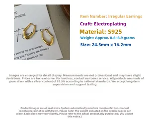 Macro shot of irregular S925 sterling silver matte earrings with detailed product dimensions
