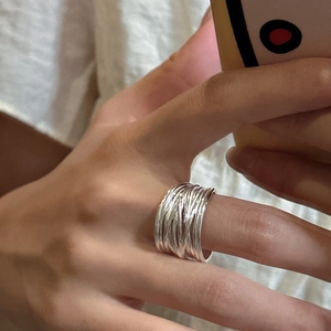 Minimalist S925 sterling silver ring with multi-layer intertwined metal line design