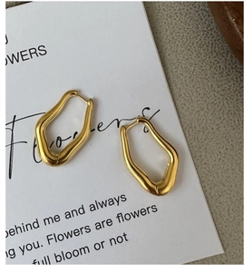 Detailed macro view of matte 18K gold irregular geometric earrings on minimalist card