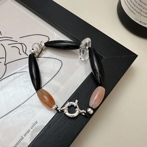 Bracciale in Argento Sterling S925 Con Perline di Onice Nero Agata per Donna Fatto a Mano Minimalista Geometrico Irregolare Gioielli