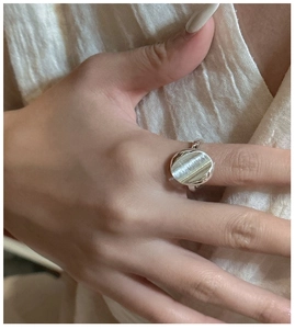 Detailed view of S925 sterling silver ring featuring a brushed finish disk design on hand