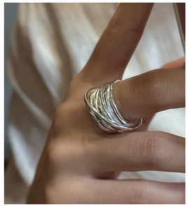 Macro shot of S925 sterling silver multilayer crisscross ring showing polished texture