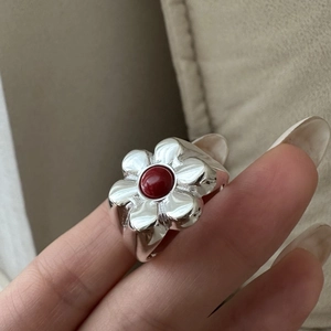 925 Sterling Silver Floral Ring For Women Retro Korean Style Rhinestone Inlaid Red Stone Adjustable Open Ring Minimalist Fashion Jewelry