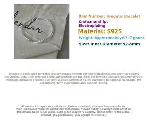 Macro detail of S925 sterling silver wavy cuff bracelet with technical product specs