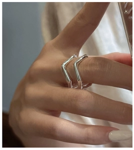 Detail view of a double-layered V-shaped sterling silver chevron ring on a hand