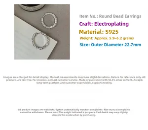 Détail des créoles perlées en argent sterling S925 de 22,7 mm au fini poli
