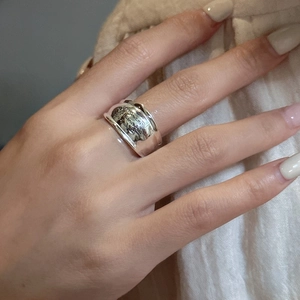 S925 sterling silver wide band ring with vintage letter engraving worn by model
