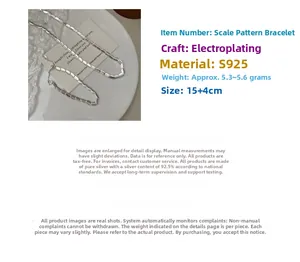 Detail view of S925 sterling silver scale chain bracelet with adjustable 15+4cm length