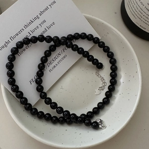 Minimalist S925 sterling silver black beaded necklace with heart tag and extension chain