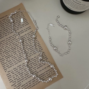 S925 sterling silver beaded necklace and bracelet set with polished round beads