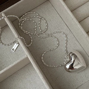Collier Pendentif Cœur en Argent Sterling 925 Minimaliste Poli Miroir Cœur 3D Chaîne à Billes Long Collier Pull pour Femme