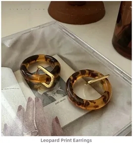 Detail of vintage leopard print resin hoop earrings with gold metal bar on CD case