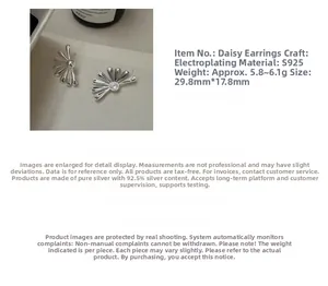 Macro detail of S925 sterling silver daisy petal earrings with size and weight specs
