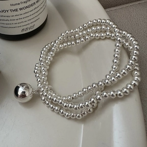 Three-layer S925 sterling silver beaded necklace with large round sphere pendant charm