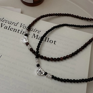 Collier Perlé avec Pendentif Cœur en Argent Sterling 925 Vintage pour Femme Onyx Noir Oeil de Tigre Rouge Rétro Bijoux
