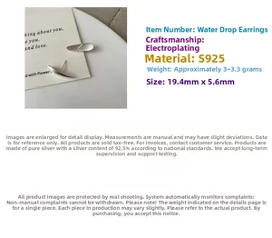 Detail view of S925 sterling silver water drop earrings with matte finish and dimensions