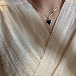 Collier avec pendentif cœur en agate noire en argent sterling S925 et chaîne vintage