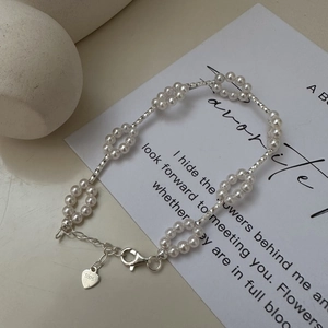 925 Sterling Silver Imitation Artificial Pearl Bracelet With Minimalist Flower Design Heart Charm Adjustable Jewelry For Women