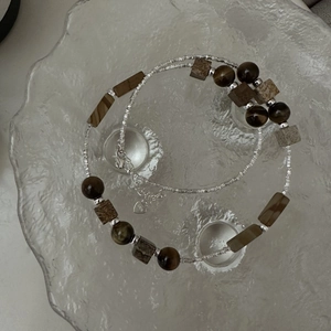 S925 Sterling Silver Tiger Eye Stone Beaded Necklace Retro Maillard Style Irregular Geometric Beads Clavicle Chain Jewelry Women