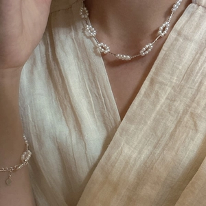 S925 sterling silver woven pearl flower necklace and bracelet set with heart pendant