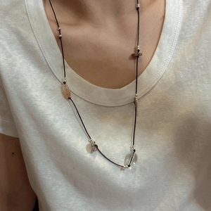 Handcrafted S925 silver long sweater necklace with knotted cord and natural gemstones
