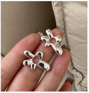Detailed close-up of polished silver flower earrings with minimalist hollow center