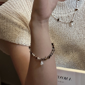 S925 silver bracelet and necklace set with brown tiger eye stones and floral charms