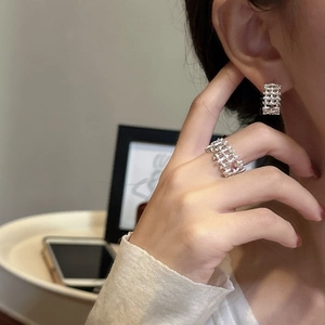 Minimalist S925 sterling silver woven hollow ring and earrings set for women