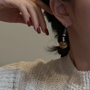 S925 silver retro drop earrings with brown spherical gemstone and dark mineral beads