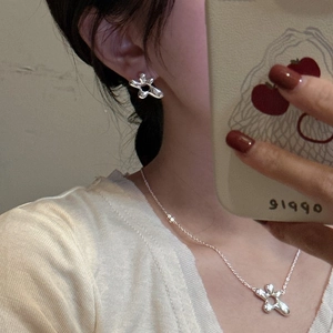 Minimalist S925 sterling silver irregular liquid flower necklace and earrings jewelry set
