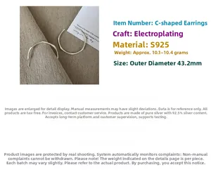 Detailed specs of matte S925 sterling silver hoop earrings with 43.2mm diameter