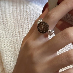 Handcrafted S925 silver beaded ring with a natural dark brown round wooden charm