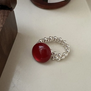 Minimalist S925 sterling silver beaded ring with a vibrant red round agate stone