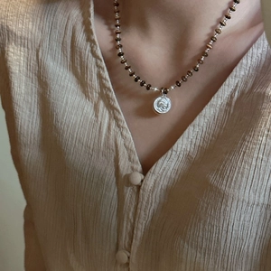 S925 sterling silver beaded necklace with vintage coin pendant and tiger eye stones