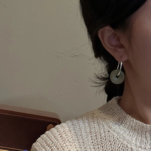 Minimalist S925 silver hoop earrings with translucent green jadeite pingan kou pendants