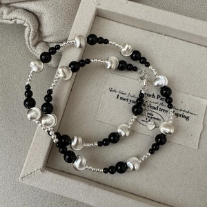 925 Sterling Silver Necklace For Women Minimalist Design Cat Eye Beads Black Onyx Beaded Choker Korean Style Jewelry