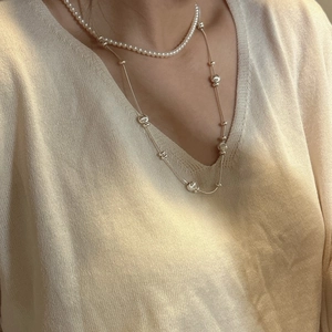 S925 sterling silver layered necklace set with pearls and sliding snake chain beads