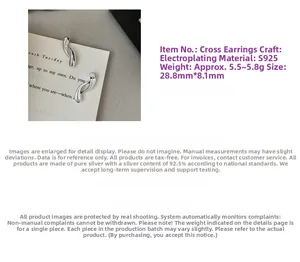 Detailed specs of S925 sterling silver cross curved earrings measuring 28.8mm by 8.1mm