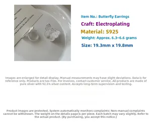 Detailed specs of S925 sterling silver butterfly ear clips with size and weight info
