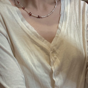 Minimalist S925 sterling silver beaded necklace with red crystal stones for women