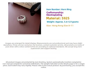 Detail view of S925 sterling silver croissant ring showing size and weight parameters